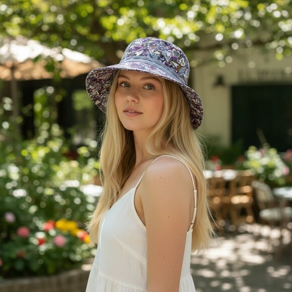Wide Brim Sun Hat with Heart Paisley Pattern and Adjustable Chin Strap Gardening - Picture 1 of 11